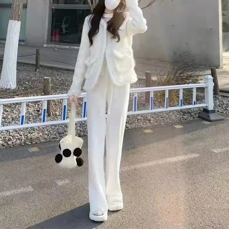 不規則デザインスタイルニットセータートップス＆無地ゆったりニットワイドレッグパンツセットアップ
