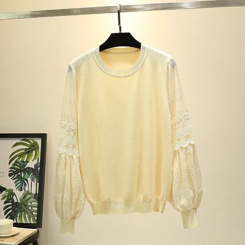 レース花柄パフスリープ薄ニットトップス