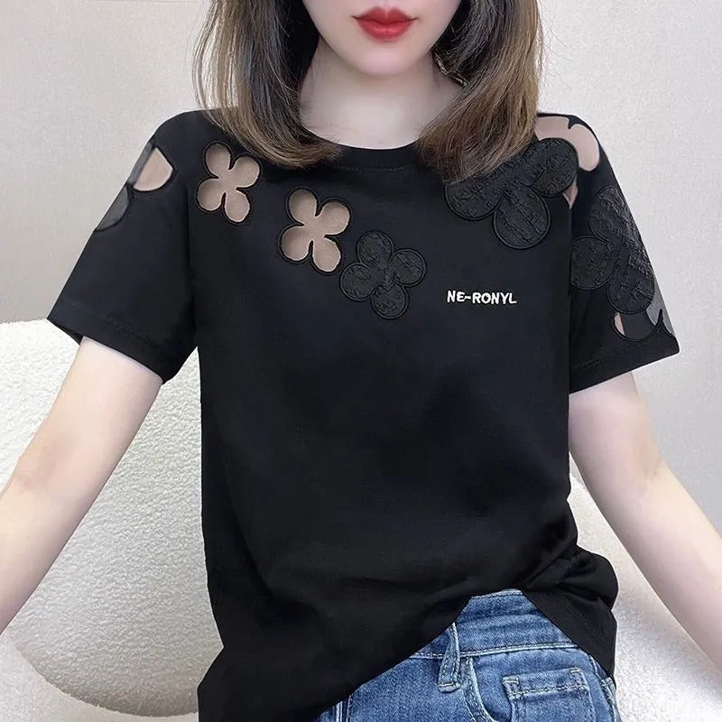 花柄シースルーシンプルコーデ半袖Tシャツトップス